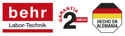 Arreglo de imágenes que muestra el logotipo de Behr, periodo de garantía y sello de hecho en Alemania.
