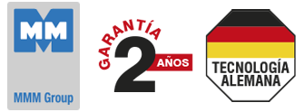Arreglo de imágenes que muestra el logotipo de MMM, periodo de garantía y sello de tecología alemana.