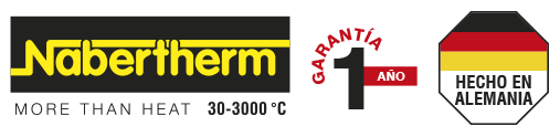 Arreglo de imágenes que muestra el logotipo de Nabertherm, periodo de garantía y sello de hecho en Alemania