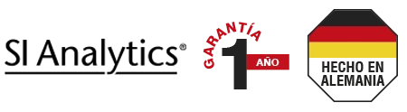 Arreglo de imágenes que muestra el logotipo de SI Analytics, periodo de garantía y sello de hecho en Alemania