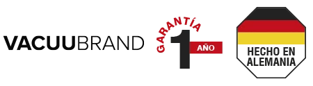 Arreglo de imágenes que muestra el logotipo de Vaccubrand, periodo de garantía y sello de hecho en Alemania.
